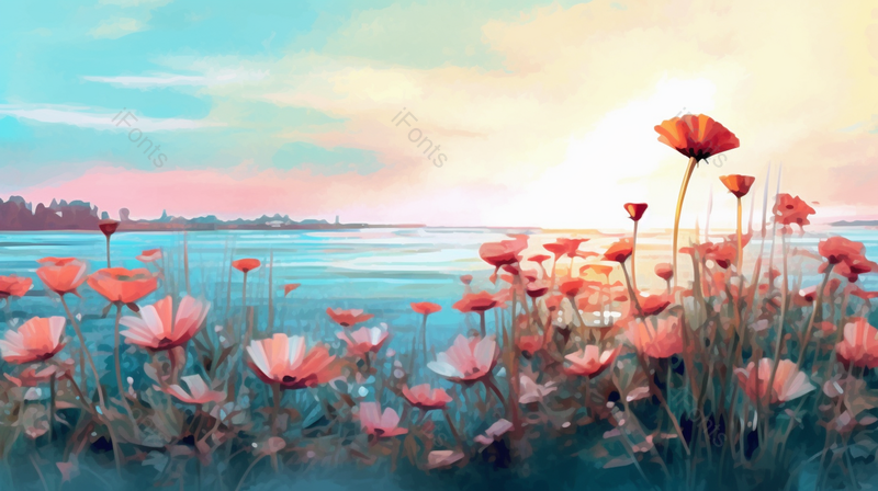 唯美清新自然风景花朵海边日出插画手绘背景壁纸,插画/手绘图,插画/手绘图库,插画/手绘图下载,插画/手绘